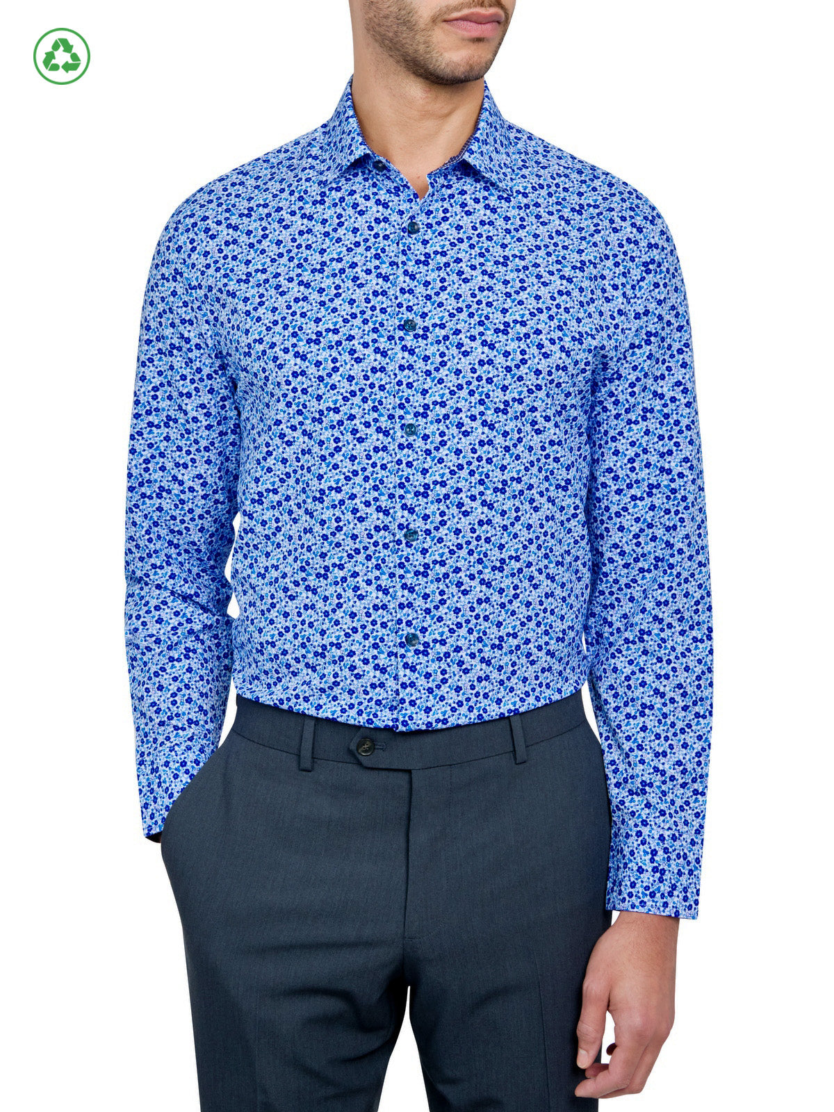 ConStruct Mens Slim Fit Floral Button Down Shirt Navy Blue Small 14 14.5 32 33, Men's