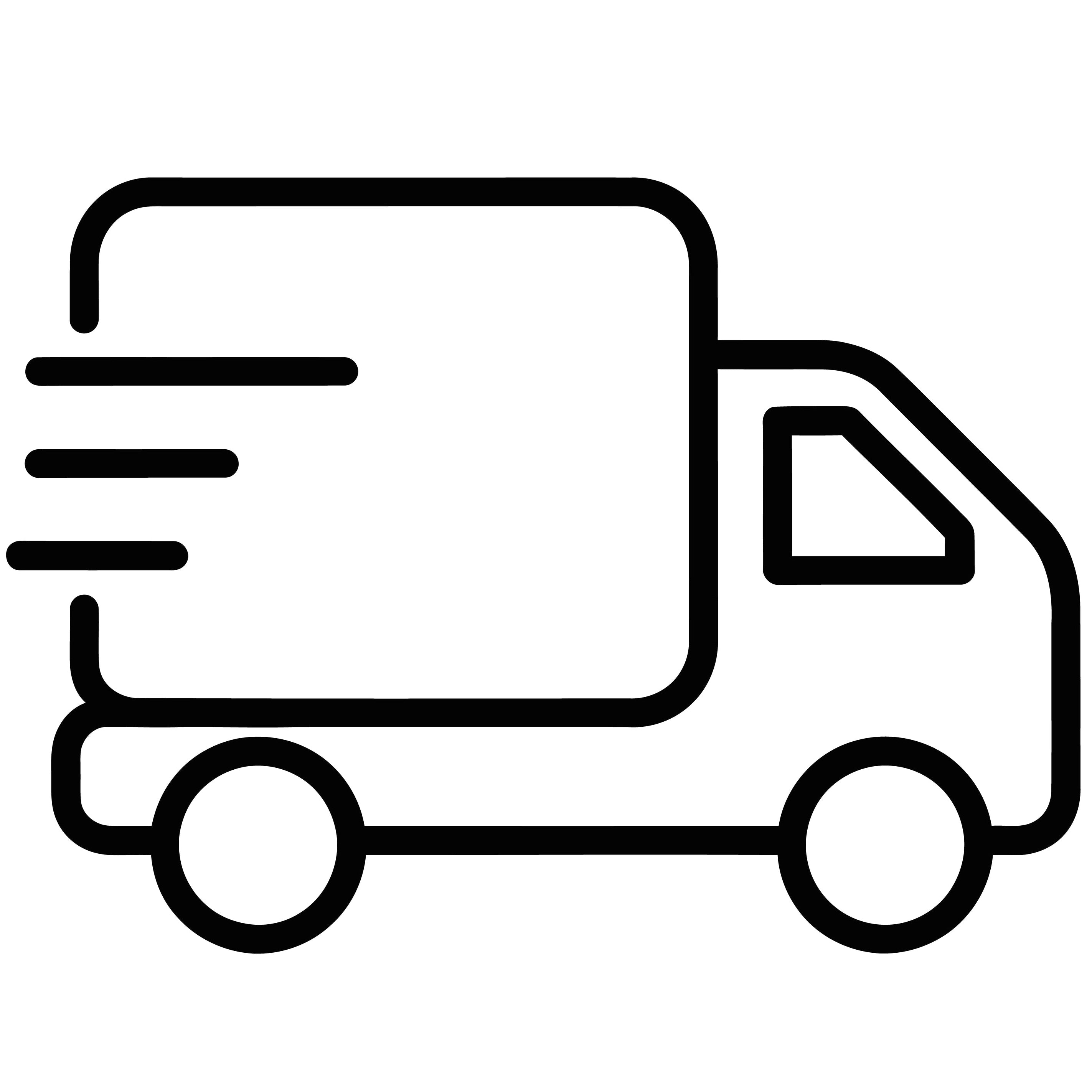 Black line drawing of a delivery truck on a white background